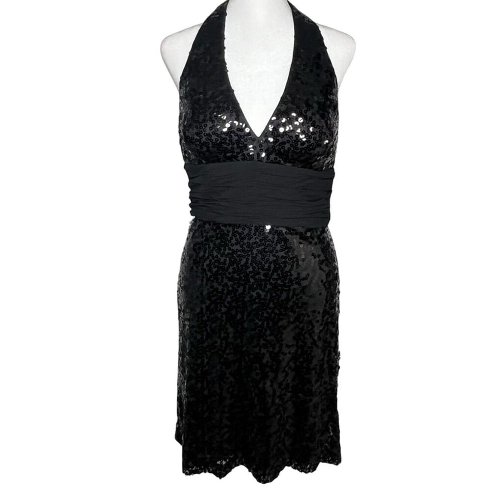 Black Sequin Halter Dress 8 Ruched Waist Retro PinUp Party WhimsiGoth